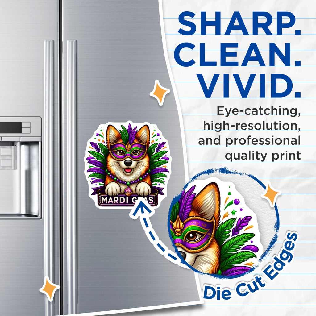 (2 Pack) Mardi Gras Dog Magnets - Corgi Party - Festive Decor Fridge Magnets - 5" On Longest Side - Premium Magnet - for Cars, Refrigerators, Toolboxes, Lockers - Made in USA - MAG14417