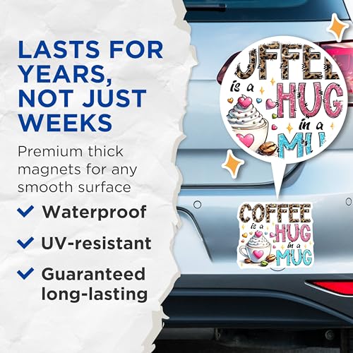 (2 Pack) Coffee Magnets - Hug in a Mug - Cute Cafe Decor - Fun Kitchen Decor - Coffee Enthusiasts - 5" On Longest Side - for Cars, Fridges, Toolboxes - Made in USA - MAG7531