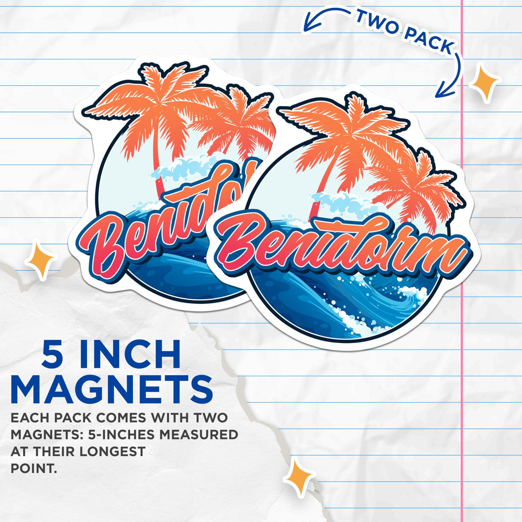 (2 Pack) Benidorm Magnets - Spain Travel - Palm Tree Fridge Magnets - 5" On Longest Side - Premium Magnet - for Cars, Refrigerators, Toolboxes, Lockers - Made in USA - MAG18175