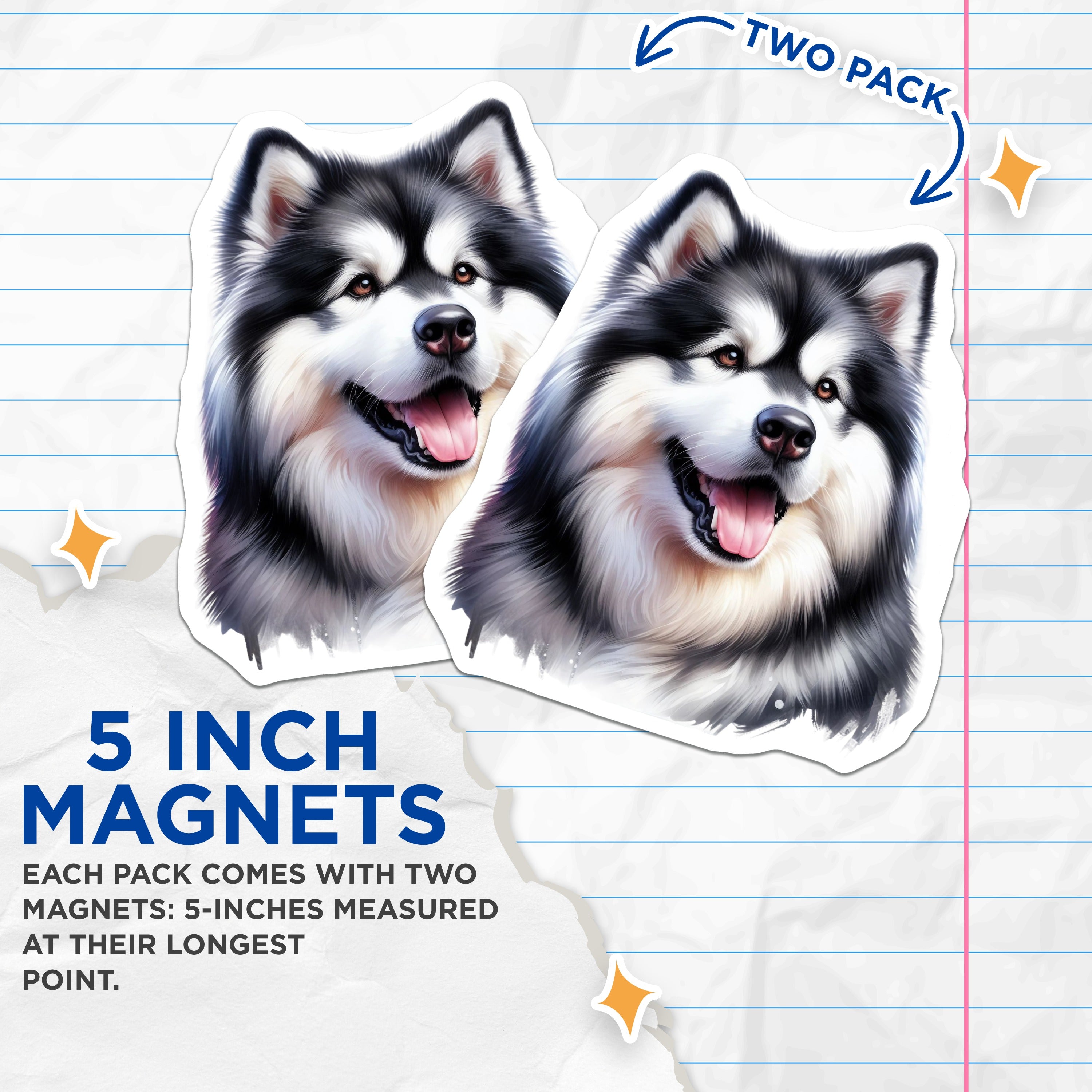 (2 Pack) Alaskan Malamute Magnets - Siberian Husky Decor - Dog Lover Accents - Pet Owner Refrigerator Art - 5 Inches On Longest Side - Thick Durable Magnet - Made in USA - MAG36567
