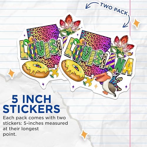 (2 Pack) Louisiana Stickers - Mardi Gras Decor - New Orleans Sticker Collection - 5" On Longest Side - Sticks to Smooth Flat Surfaces - Made in USA - BMCS3659