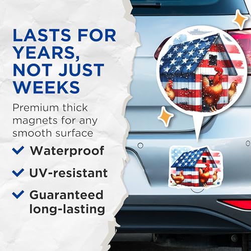 (2 Pack) Patriotic Chicken Coop Magnets - Farmhouse Decor - American Flag Magnets - 5" On Longest Side - for Cars, Fridges, Toolboxes - Made in USA - MAG7284
