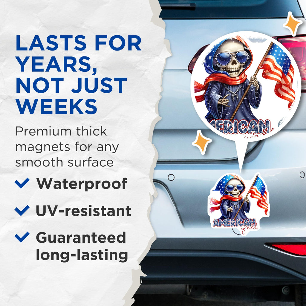 (2 Pack) American Y'all Magnets - Patriotic Skeleton Decor - Independence Day Decoration - 5" On Longest Side - for Cars, Fridges, Toolboxes - Made in USA - MAG7926