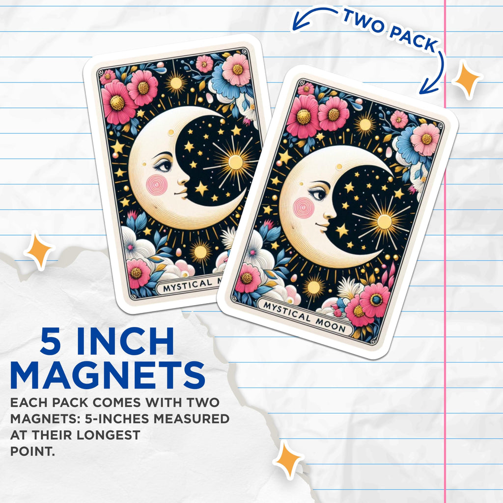 (2 Pack) Mystical Moon Magnets - Celestial Floral Art - Cosmic Stars Suns Decor - Aesthetic Tarot Inspired Design - 5 Inches On Longest Side - Thick Durable Magnet - Made in USA - MAG22618