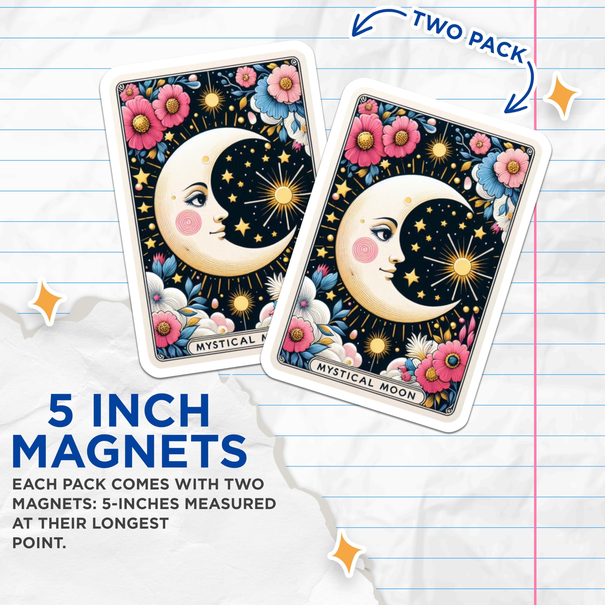 (2 Pack) Mystical Moon Magnets - Celestial Floral Art - Cosmic Stars Suns Decor - Aesthetic Tarot Inspired Design - 5 Inches On Longest Side - Thick Durable Magnet - Made in USA - MAG22618