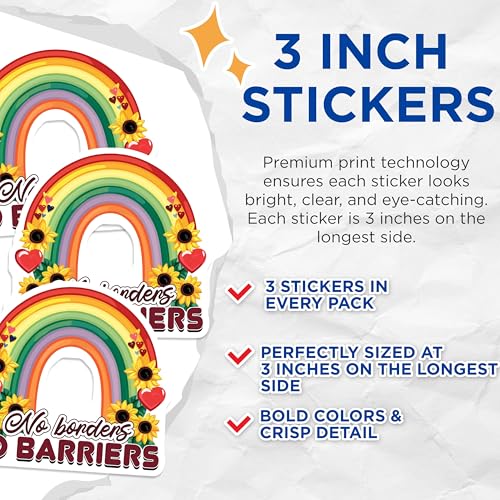 (3 Pack) No Borders No Barriers Decals - Rainbow Sunflower Sticker - Laptop Decal - 3 Inches On Longest Side - Easy Peel & Apply - Made in USA - 3MCS7958