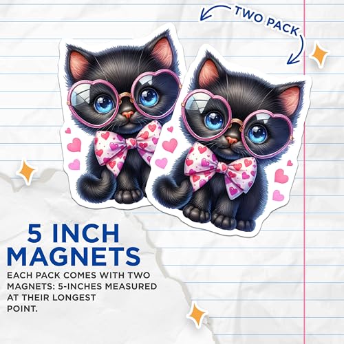 (2 Pack) Adorable Black Kitten with Glasses Magnet - Heart Bowtie Decor - Cat Lovers Gift - 5" On Longest Side - Sticks to Smooth Flat Surfaces - Made in USA - MAG9430