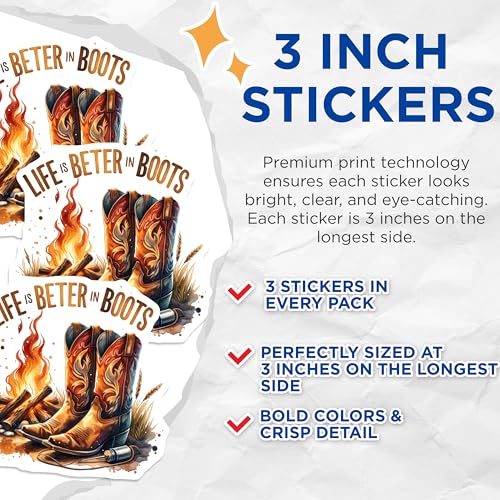 (3 Pack) Cowboy Boots Decals - Life is Better in Boots - Country Western Decal- 3 Inches On Longest Side - Easy Peel & Apply - Made in USA - 3MCS5702