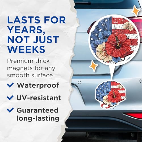 (2 Pack) American Flag Floral Magnets Magnets - Patriotic Hibiscus Art - Red White Blue Decoration - 5" On Longest Side - Made in USA - Sticks to Refrigerators & Metal Surfaces - MAG8979