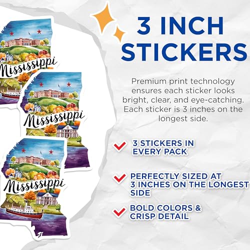 (3 Pack) Mississippi Decals - State Pride - Southern Charm- 3 Inches On Longest Side - Easy Peel & Apply - Made in USA - 3MCS5038