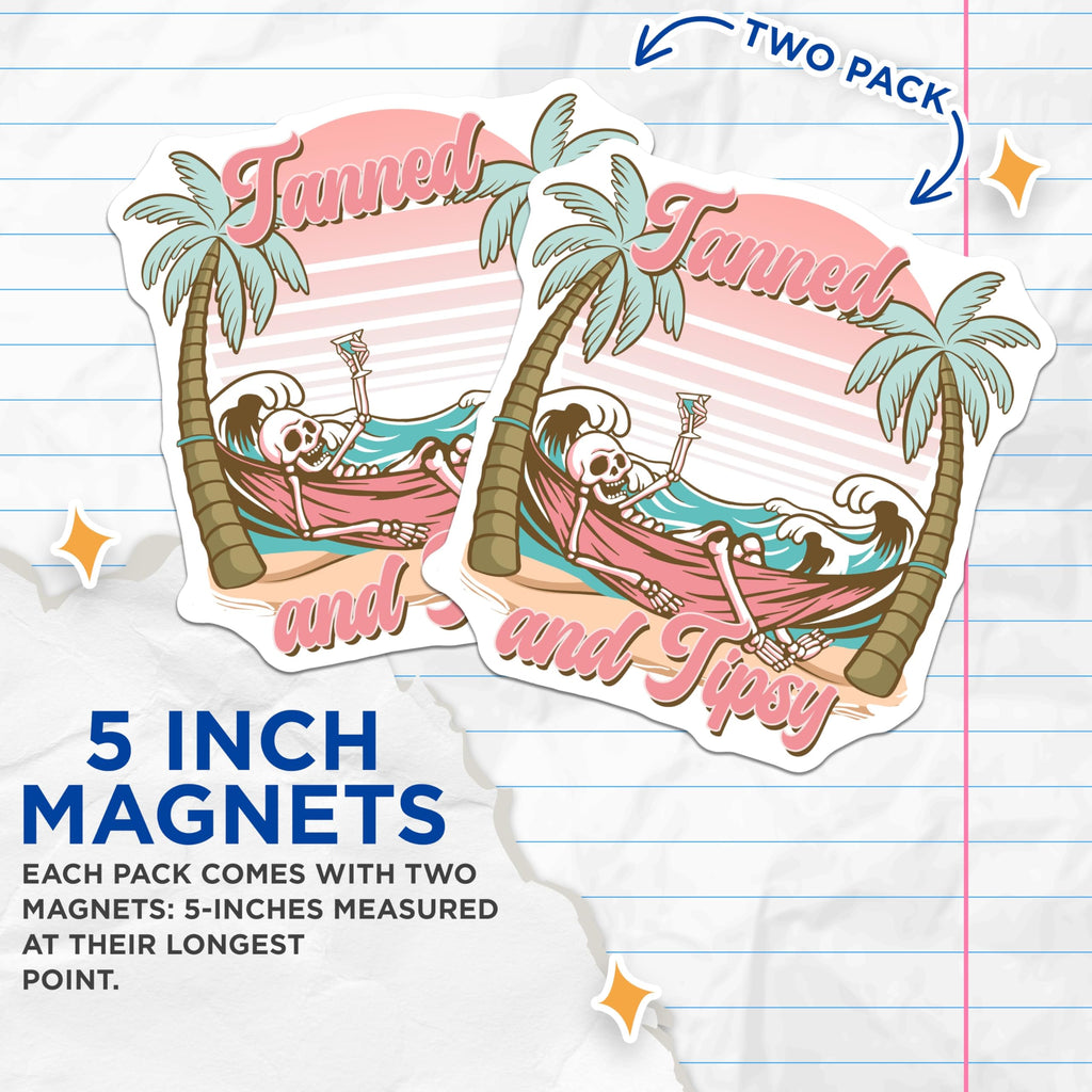 (2 Pack) Tanned and Tipsy Magnets - Skeleton Beach - Cocktail Palm Tree Magnets - 5" On Longest Side - Premium Magnet - for Cars, Refrigerators, Toolboxes, Lockers - Made in USA - MAG17347