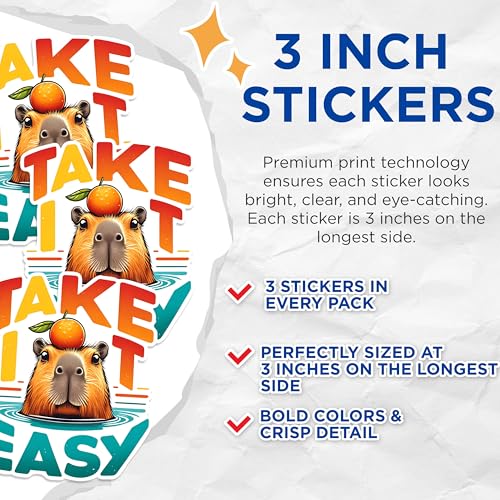 (3 Pack) Capybara Decals - Take It Easy - Orange on Head Laptop Decal - 3 Inches On Longest Side - Easy Peel & Apply - Made in USA - 3MCS1490