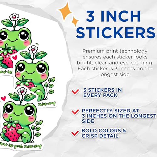 (3 Pack) Cute Frog Decals - Strawberry Flower - Laptop Decal - 3 Inches On Longest Side - Easy Peel & Apply - Made in USA - 3MCS2499