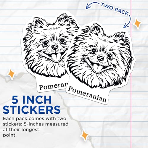 (2 Pack) Pomeranian Dog Stickers - Cute Dog Face Stickers - Adorable Pomeranian Puppy Stickers - 5" On Longest Side - Sticks to Smooth Flat Surfaces - Made in USA - BMCS4027