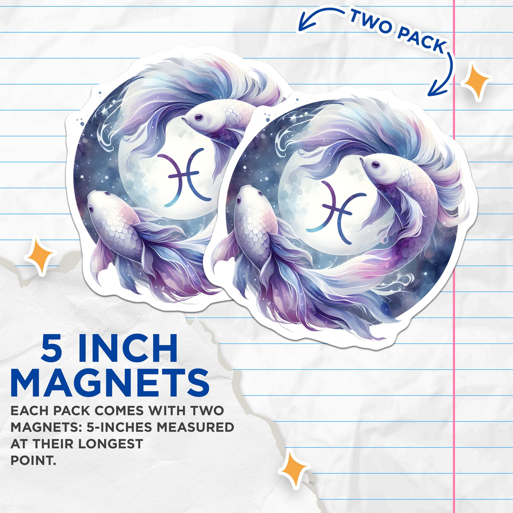 (2 Pack) Pisces Zodiac Magnets - Astrology Horoscope Decor - Celestial Fish Art - Spiritual Sign - 5 Inches On Longest Side - Thick Durable Magnet - Made in USA - MAG37153