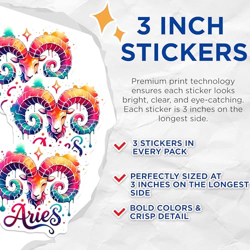 (3 Pack) Aries Zodiac Decals - Astrology Sticker - Horoscope Decals - 3 Inches On Longest Side - Easy Peel & Apply - Made in USA - 3MCS6044