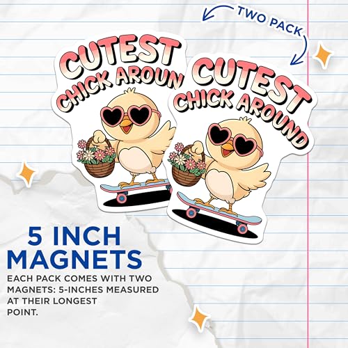 (2 Pack) Cutest Chick Around Magnets - Heart Sunglasses Chick - Skateboarding Chick with Flowers - 5" On Longest Side - for Cars, Fridges, Toolboxes - Made in USA - MAG3882