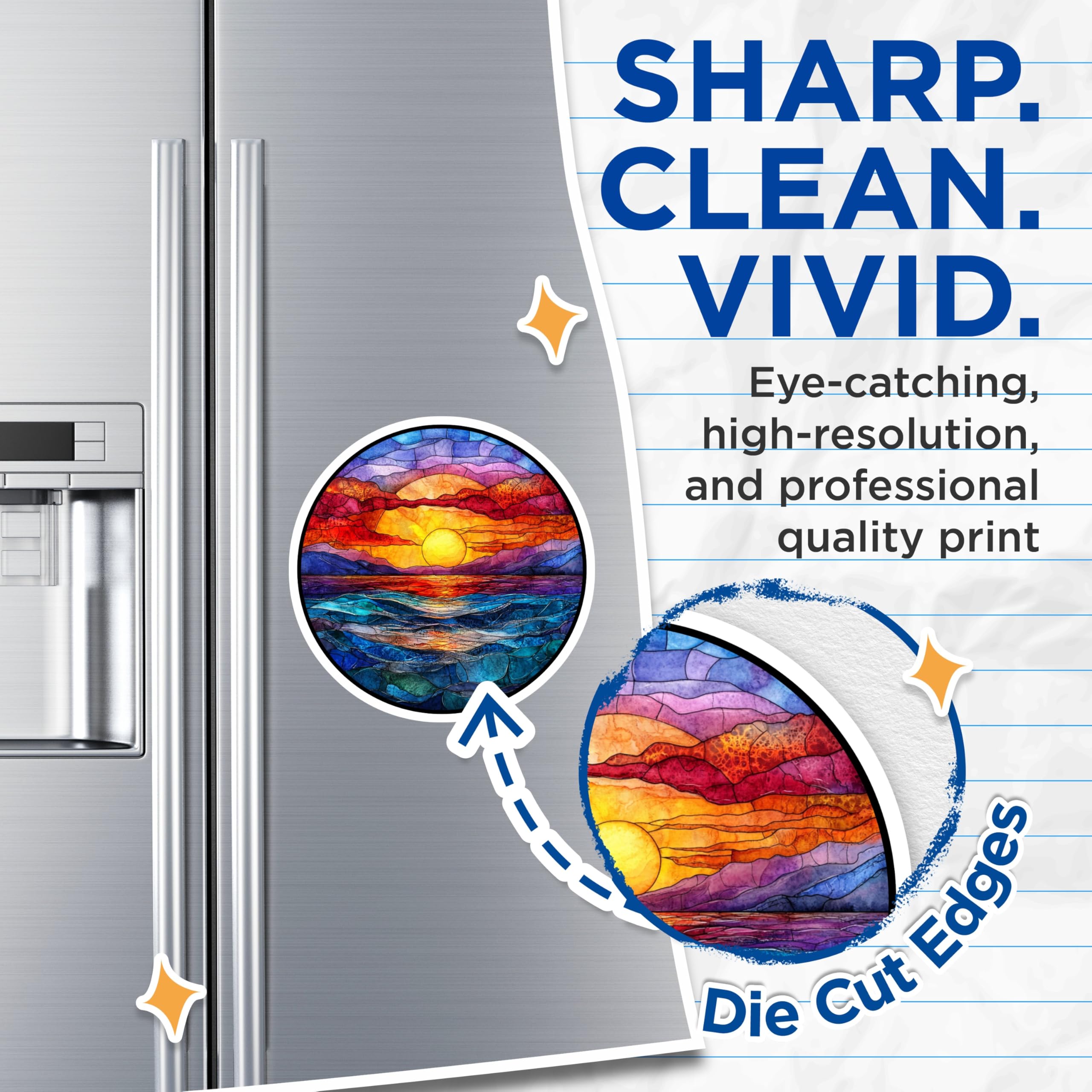 (2 Pack) Stained Glass Sunset Magnets - Watercolor Ocean Mountain Art - Coastal Kitchen Decor - 5 Inches On Longest Side - Thick Durable Magnet - Made in USA - MAG26989