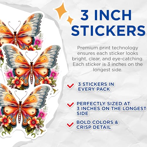(3 Pack) Butterfly Decals - Floral Stickers - Laptop Decals - 3 Inches On Longest Side - Easy Peel & Apply - Made in USA - 3MCS2471