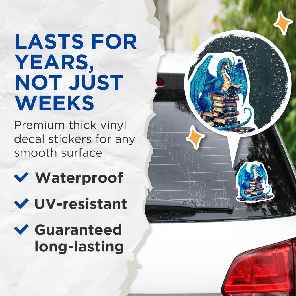 (2 Pack) Cute Blue Dragon Reading Stickers - Book Lover Fantasy Stickers - Mythical Creature Decal - 5" On Longest Side - Sticks to Any Smooth Flat Surface - Made in USA - BMCS3367