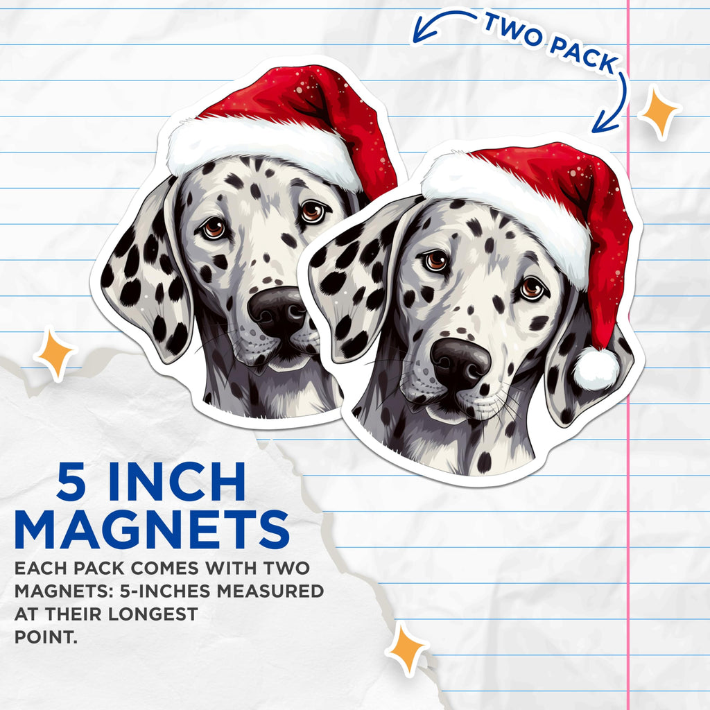 (2 Pack) Christmas Dalmatian Magnets - Santa Hat Dog Decor - Holiday Kitchen Refrigerator Accessory - 5 Inches On Longest Side - Thick Durable Magnet - Made in USA - MAG26974