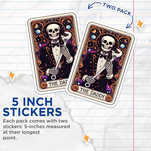 (2 Pack) Skeleton Dad Stickers - Retro Skull Art Stickers - Male Figure Halloween Stickers - 5" On Longest Side - Sticks to Smooth Flat Surfaces - Made in USA - BMCS5382
