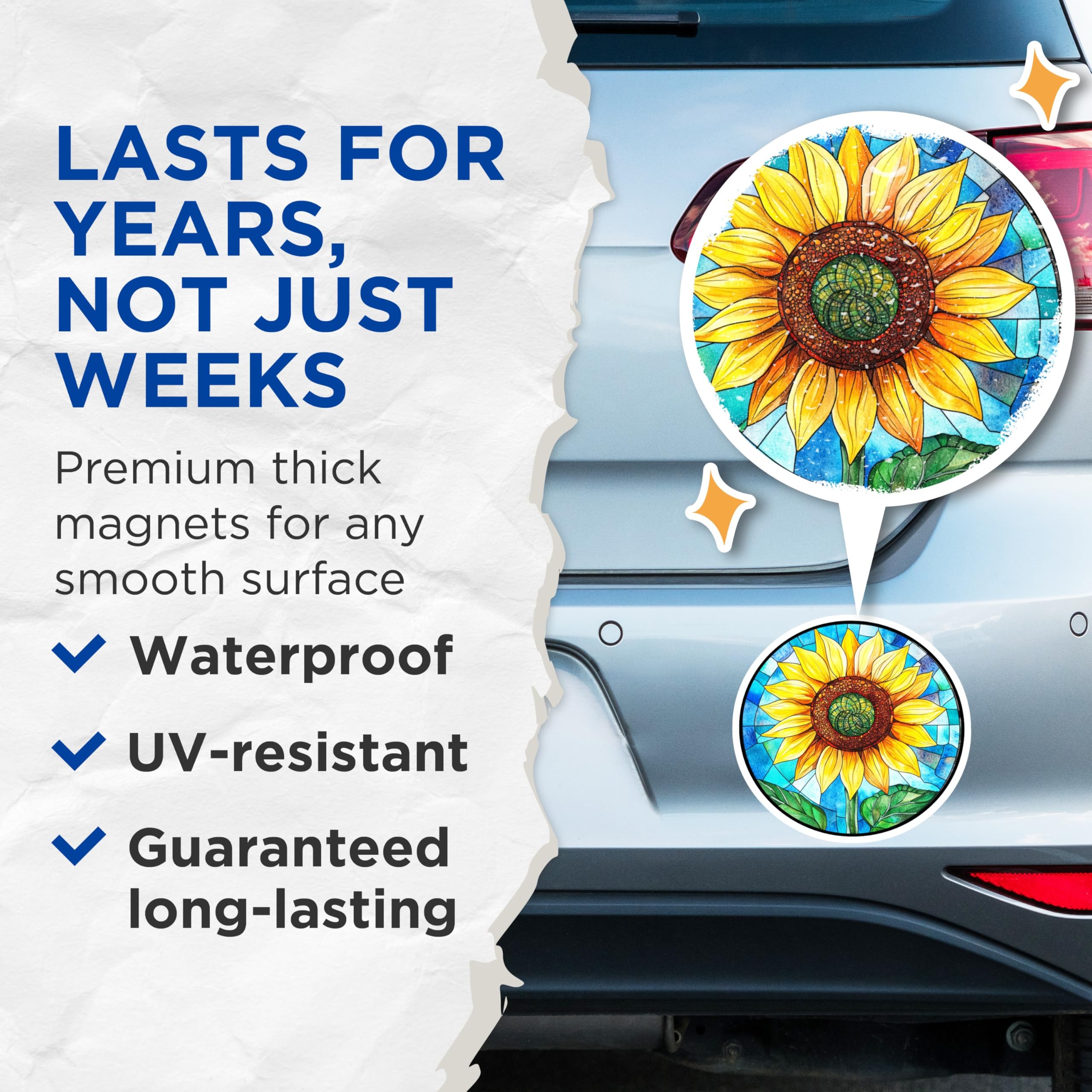 (2 Pack) Stained Glass Sunflower Magnets - Vibrant Floral Kitchen Decor - Faux Window Art Refrigerator Magnets - 5 Inches On Longest Side - Thick Durable Magnet - Made in USA - MAG29049