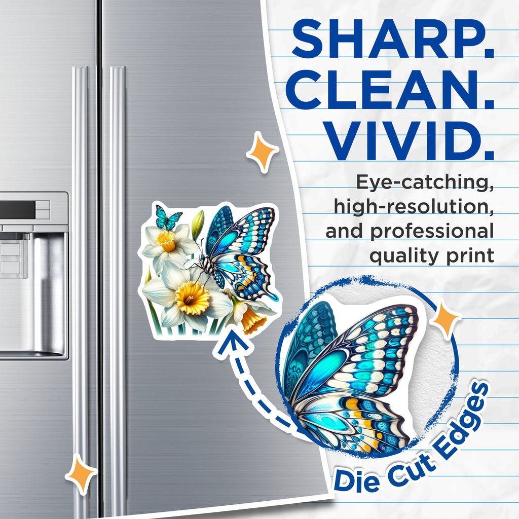 (2 Pack) Blue Butterfly Daffodil Magnets - Spring Floral Decor - Botanical Refrigerator - 5 Inches On Longest Side - Thick Durable Magnet - Made in USA - MAG36653