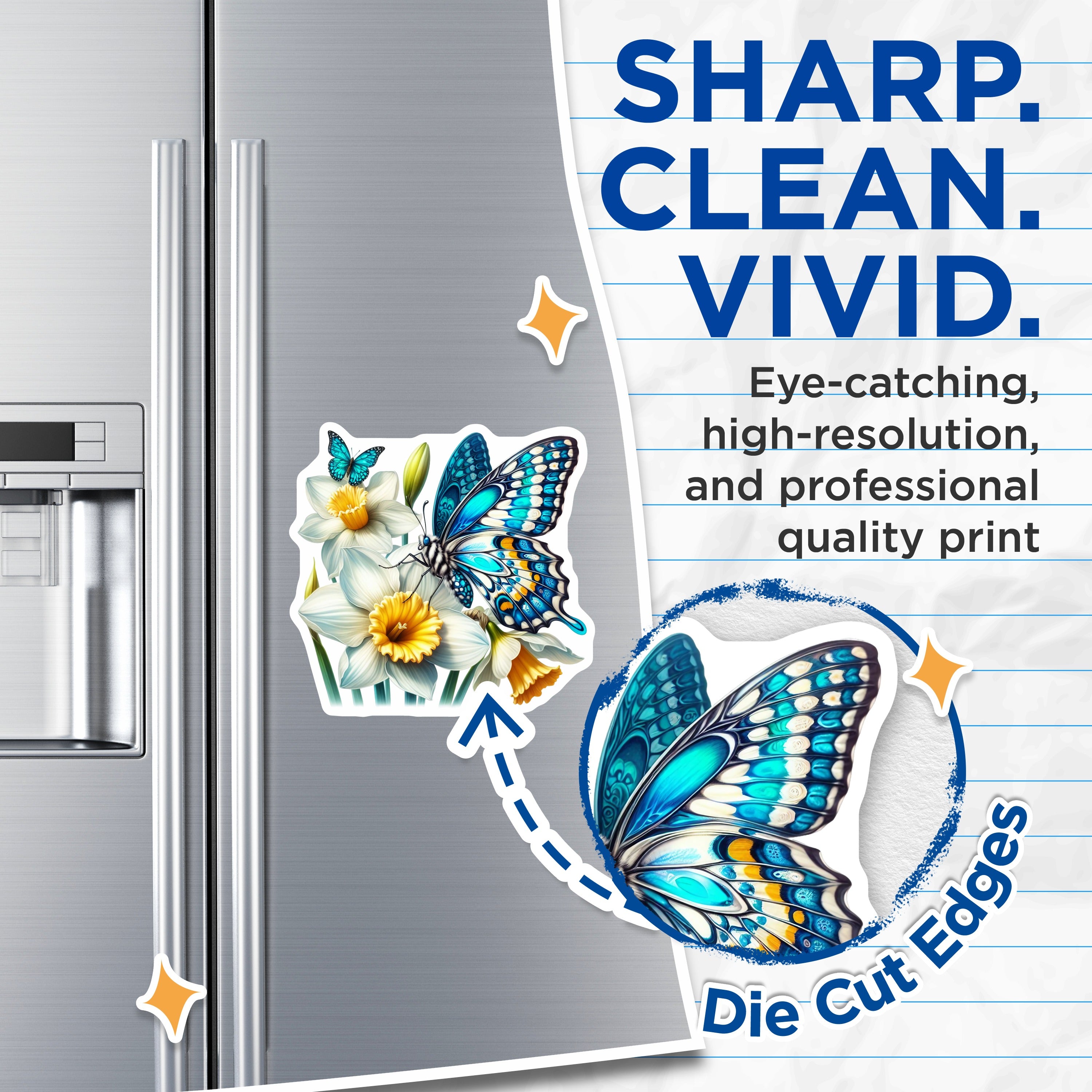 (2 Pack) Blue Butterfly Daffodil Magnets - Spring Floral Decor - Botanical Refrigerator - 5 Inches On Longest Side - Thick Durable Magnet - Made in USA - MAG36653