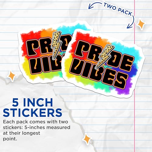 (2 Pack) Pride Vibes Stickers - LGBTQ Rainbow Decal - Vibrant Pride Art for Water Bottle Laptop Phone - 5" On Longest Side - Sticks to Smooth Flat Surfaces - Made in USA - BMCS8274
