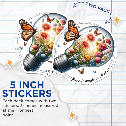 (2 Pack) Inspirational Magic Stickers - Butterfly Lightbulb Design - Whimsical Floral Art Decals - 5" On Longest Side - Sticks to Smooth Flat Surfaces - Made in USA - BMCS8242