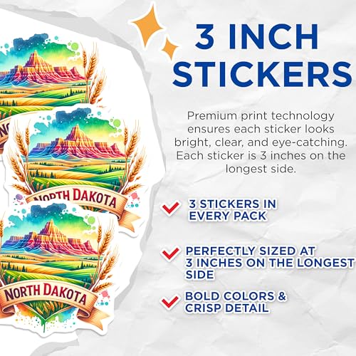 (3 Pack) North Dakota Decals - Watercolor Landscape - Plains State Stickers - 3 Inches On Longest Side - Easy Peel & Apply - Made in USA - 3MCS6034