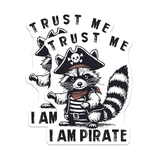(2 Pack) Trust Me I Am Pirate Stickers - Cute Raccoon - Cartoon Animal - Funny Pirate Themed - 5" On Longest Side - Sticks to Smooth Flat Surfaces - Made in USA - BMCS6232