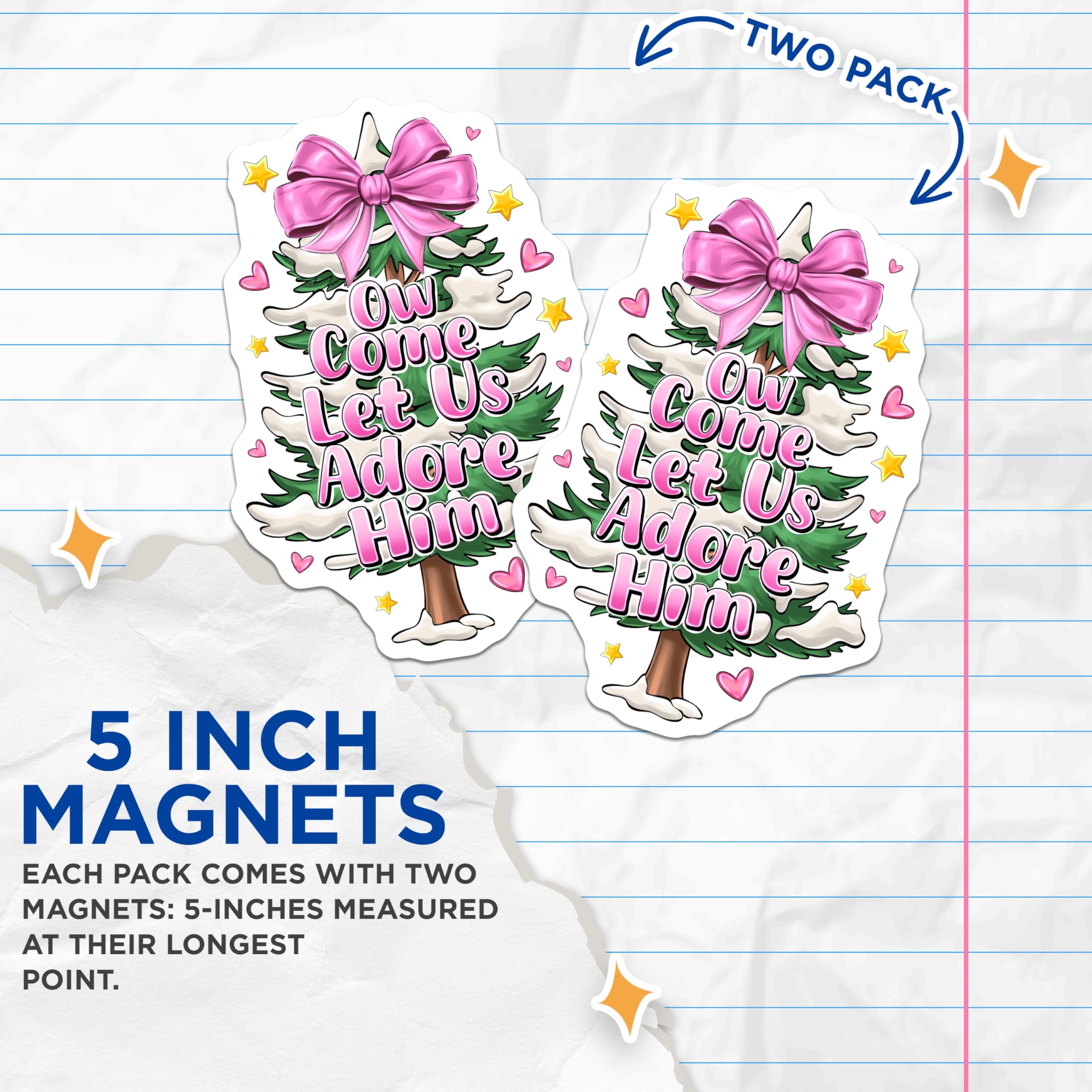 (2 Pack) Christian Christmas Tree Magnets - O Come Let Us Adore Him - Faith Based Holiday Decor - 5 Inches On Longest Side - Thick Durable Magnet - Made in USA - MAG25640