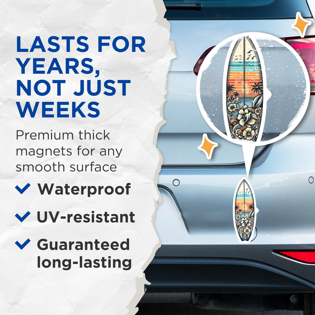 (2 Pack) Surfboard Art Magnets - Beach Sunset Decor - Tropical Island Vibes - 5" On Longest Side - Premium Magnet - for Cars, Refrigerators, Toolboxes, Lockers - Made in USA - MAG16206