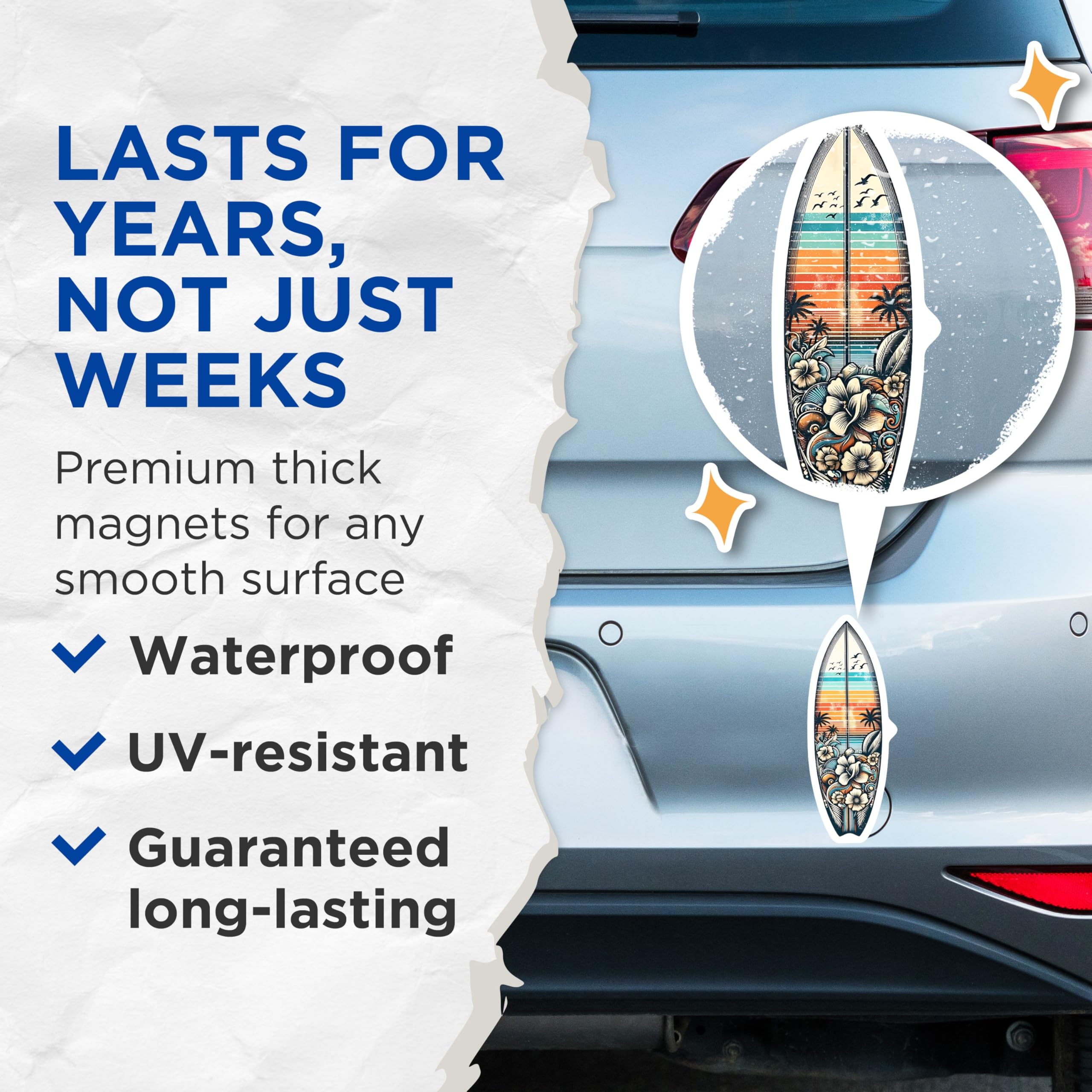 (2 Pack) Surfboard Art Magnets - Beach Sunset Decor - Tropical Island Vibes - 5" On Longest Side - Premium Magnet - for Cars, Refrigerators, Toolboxes, Lockers - Made in USA - MAG16206