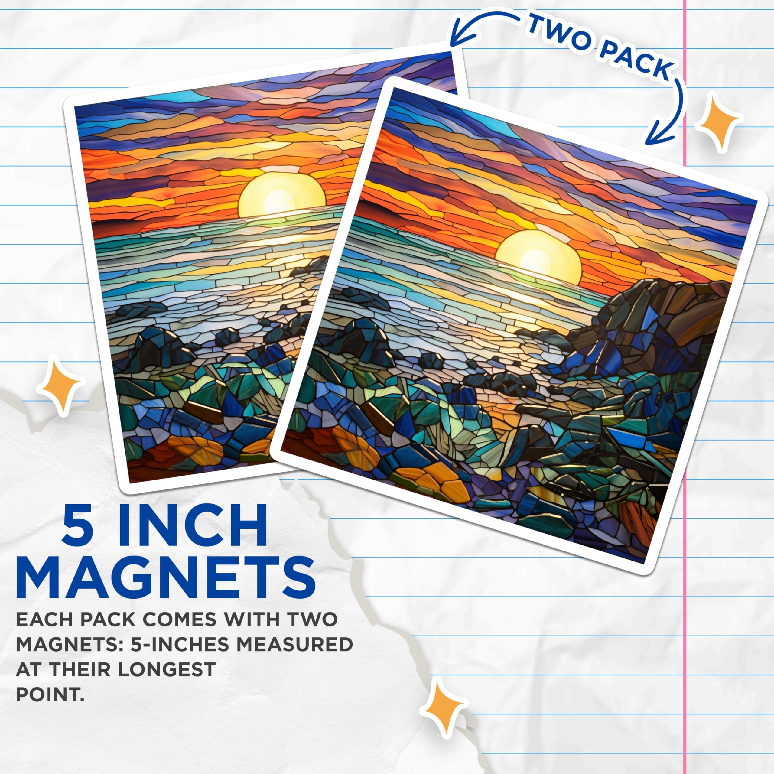(2 Pack) Stained Glass Ocean Sunset Magnets - Mosaic Coastal Scene - Artistic Seascape Decoration - Refrigerator Accent - 5 Inches On Longest Side - Thick Durable Magnet - Made in USA - MAG24797