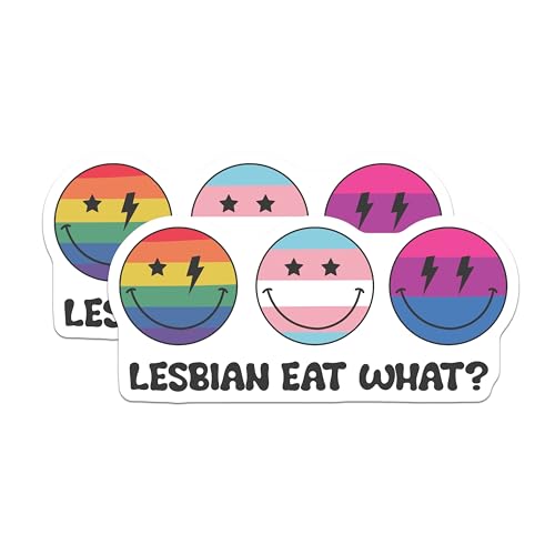 (2 Pack) Lesbian Eat What Stickers - Pride Smiley Face Stickers - LGBTQ Funny Stickers - 5" On Longest Side - Sticks to Smooth Flat Surfaces - Made in USA - BMCS6560