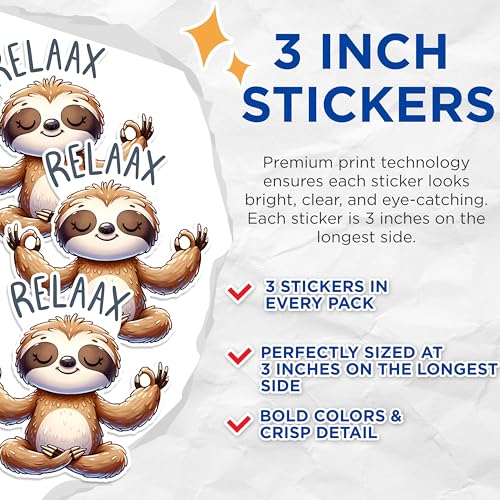 (3 Pack) Relax Sloth Decals - Yoga Sloth Stickers - Funny Laptop Decal - 3 Inches On Longest Side - Easy Peel & Apply - Made in USA - 3MCS1549