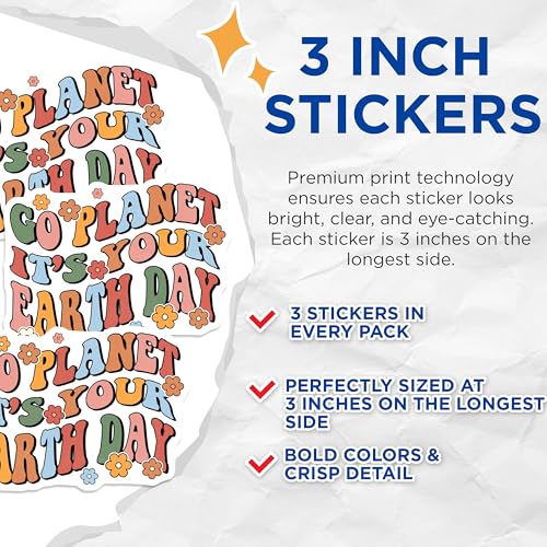 (3 Pack) Earth Day Decals - Go Planet Its Your Day - Retro Flower Power Laptop Decal - 3 Inches On Longest Side - Easy Peel & Apply - Made in USA - 3MCS7483