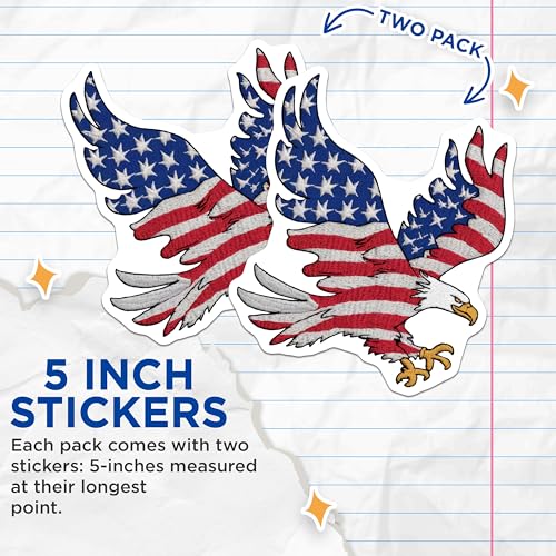 (2 Pack) American Eagle Stickers - Patriotic Flag - USA Bald Eagle Decals - 5" On Longest Side - Sticks to Smooth Flat Surfaces - Made in USA - BMCS7062