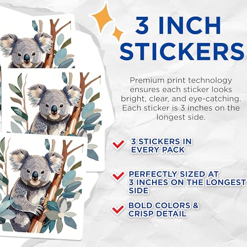 (3 Pack) Koala Bear Decals - Cute Animal Stickers - Laptop Decal - 3 Inches On Longest Side - Easy Peel & Apply - Made in USA - 3MCS7454