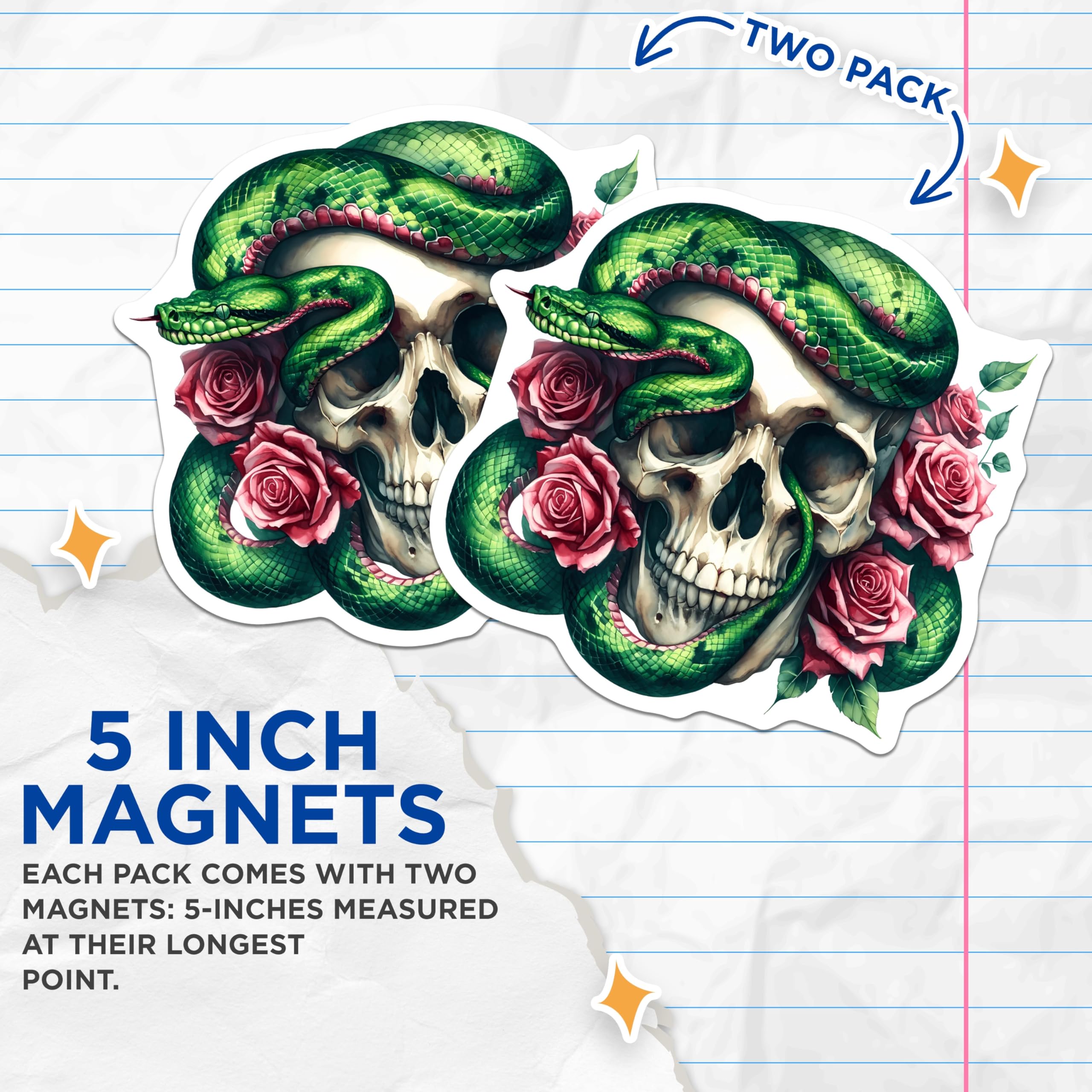 (2 Pack) Skull Snake Roses Magnets - Dark Gothic Floral Decor - Macabre Refrigerator Artwork - 5 Inches On Longest Side - Thick Durable Magnet - Made in USA - MAG23094