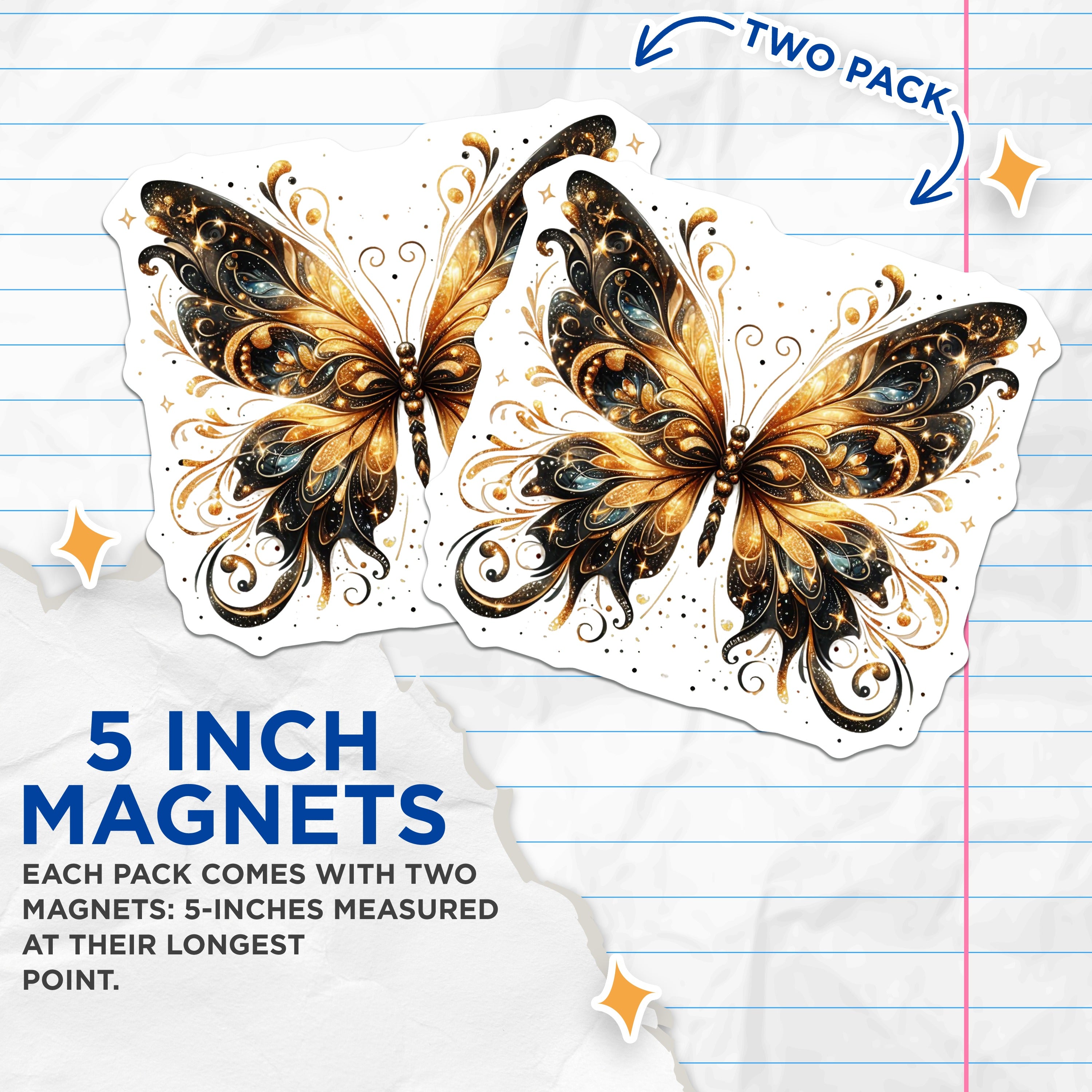 (2 Pack) Golden Butterfly Magnets - Elegant Wing Decor - Celestial Sparkle Fridge Magnets - Black and Gold Ornate Aesthetic - Whimsical - 5" - Thick Durable Magnet - Made in USA - MAG39569