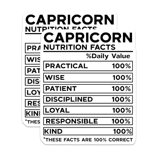 (2 Pack) Capricorn Nutrition Facts Stickers - Funny Zodiac Stickers - Astrology Humor Stickers for Planners - 5" On Longest Side - Sticks to Smooth Flat Surfaces - Made in USA - BMCS4803