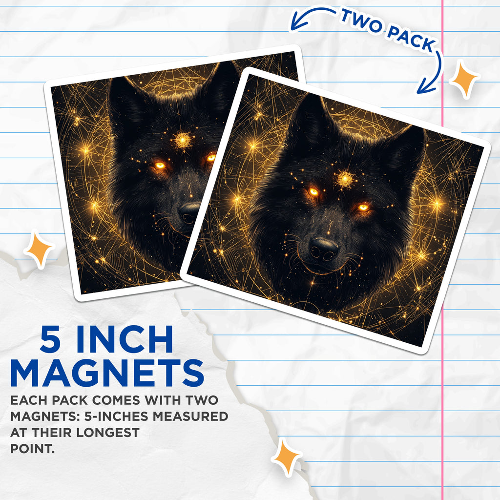 (2 Pack) Celestial Wolf Magnets - Mystic Gold Stars - Spiritual Animal Decor - Esoteric Pagan Fridge Accent - 5 Inches On Longest Side - Thick Durable Magnet - Made in USA - MAG36682
