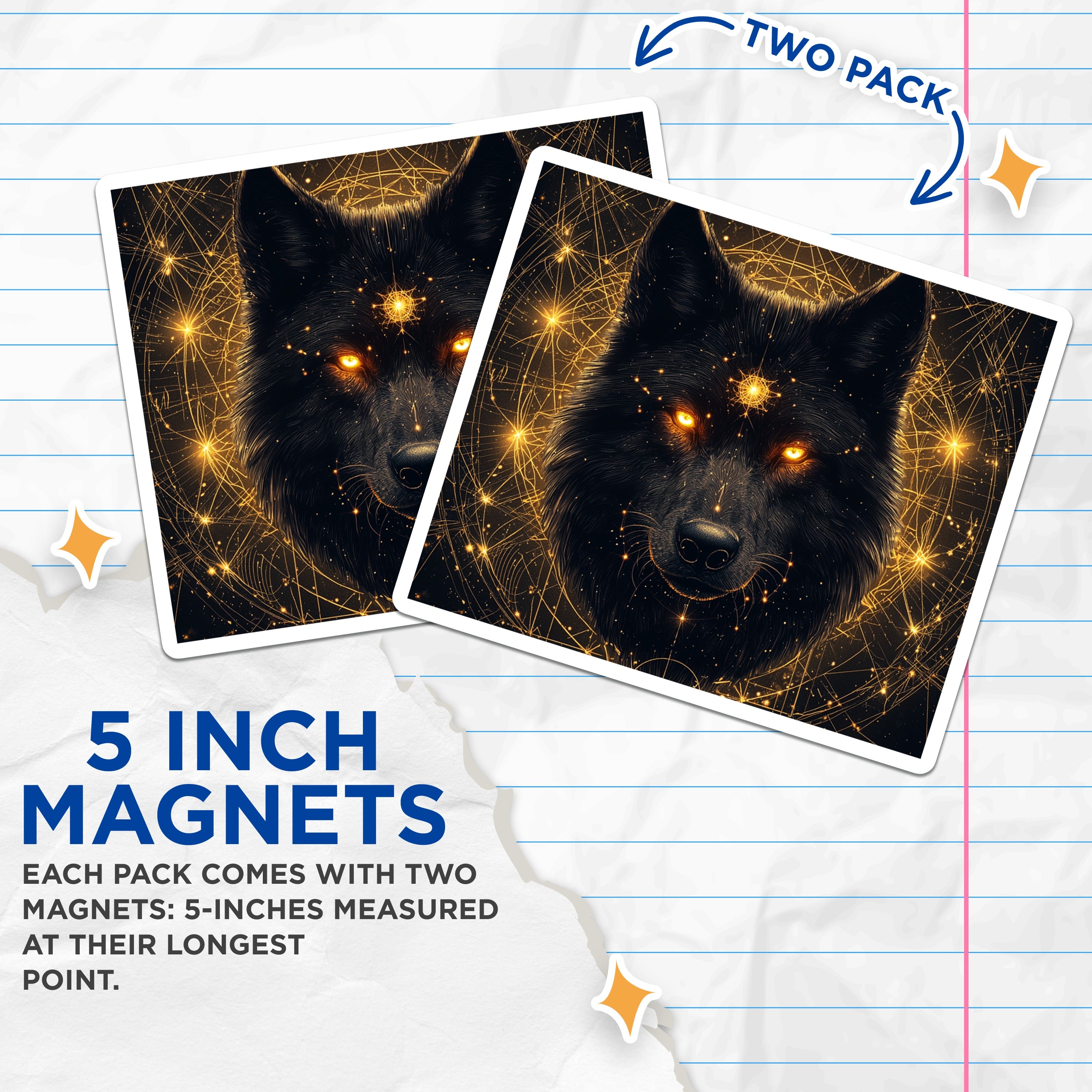 (2 Pack) Celestial Wolf Magnets - Mystic Gold Stars - Spiritual Animal Decor - Esoteric Pagan Fridge Accent - 5 Inches On Longest Side - Thick Durable Magnet - Made in USA - MAG36682