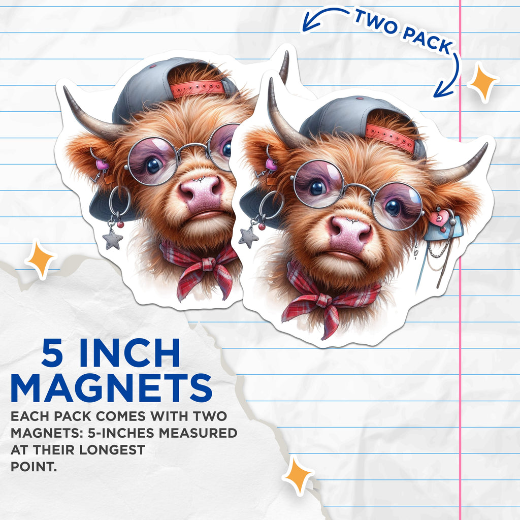 (2 Pack) Highland Cow Magnets - Hipster Animal Decor - Cute Farm Refrigerator Locker Art - 5 Inches On Longest Side - Thick Durable Magnet - Made in USA - MAG36200