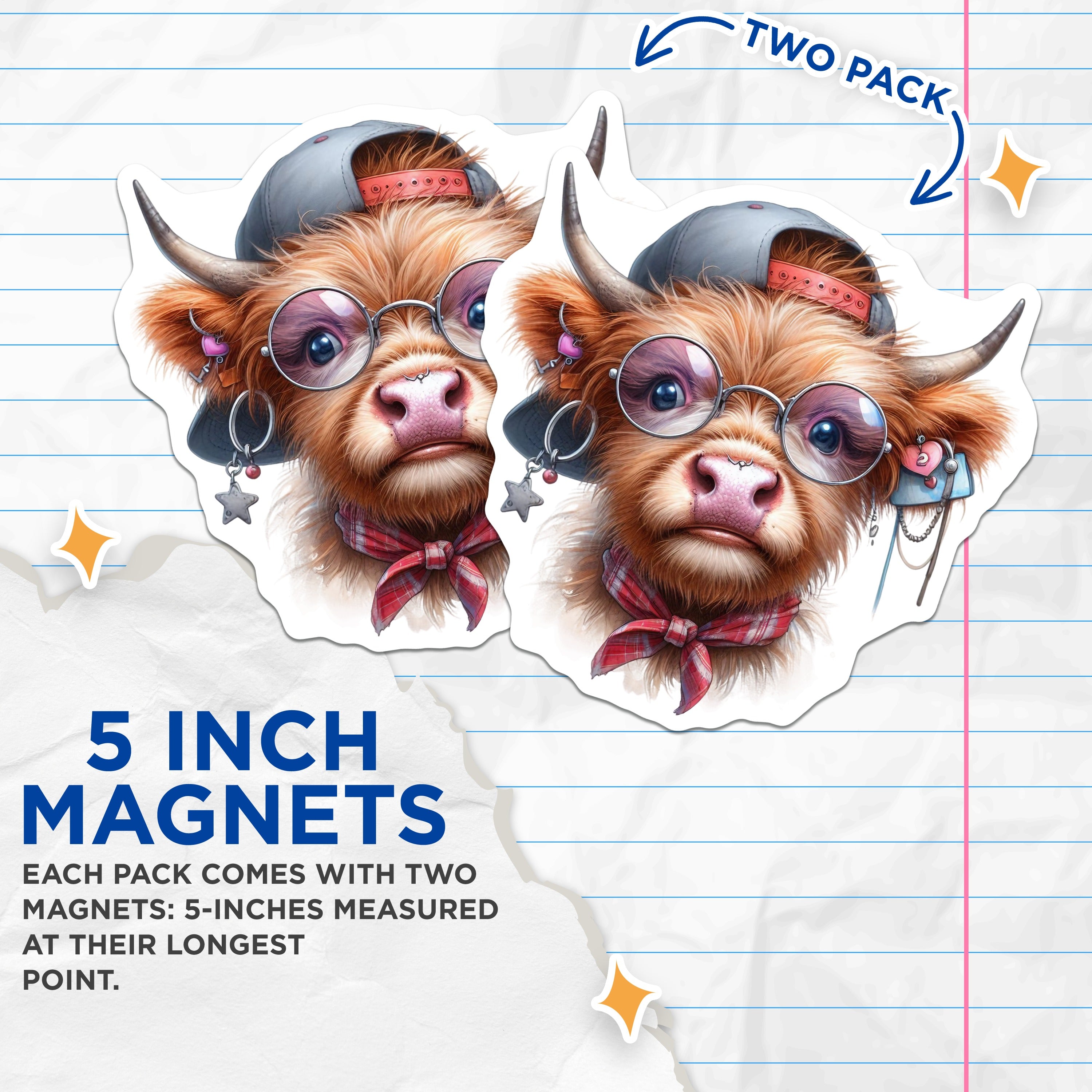 (2 Pack) Highland Cow Magnets - Hipster Animal Decor - Cute Farm Refrigerator Locker Art - 5 Inches On Longest Side - Thick Durable Magnet - Made in USA - MAG36200