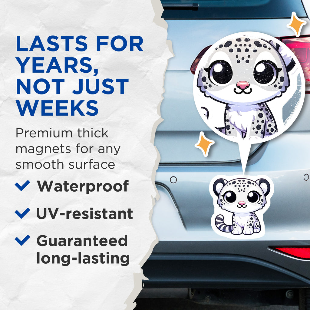 (2 Pack) Cute Snow Leopard Magnets - Kawaii Animal Decor - Fridge Locker Accessory for Kids Teens - 5 Inches On Longest Side - Thick Durable Magnet - Made in USA - MAG36810